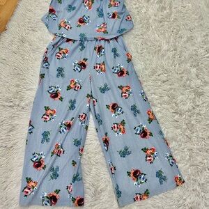 Blue Striped Floral Cropped Wide-Leg Jumpsuit